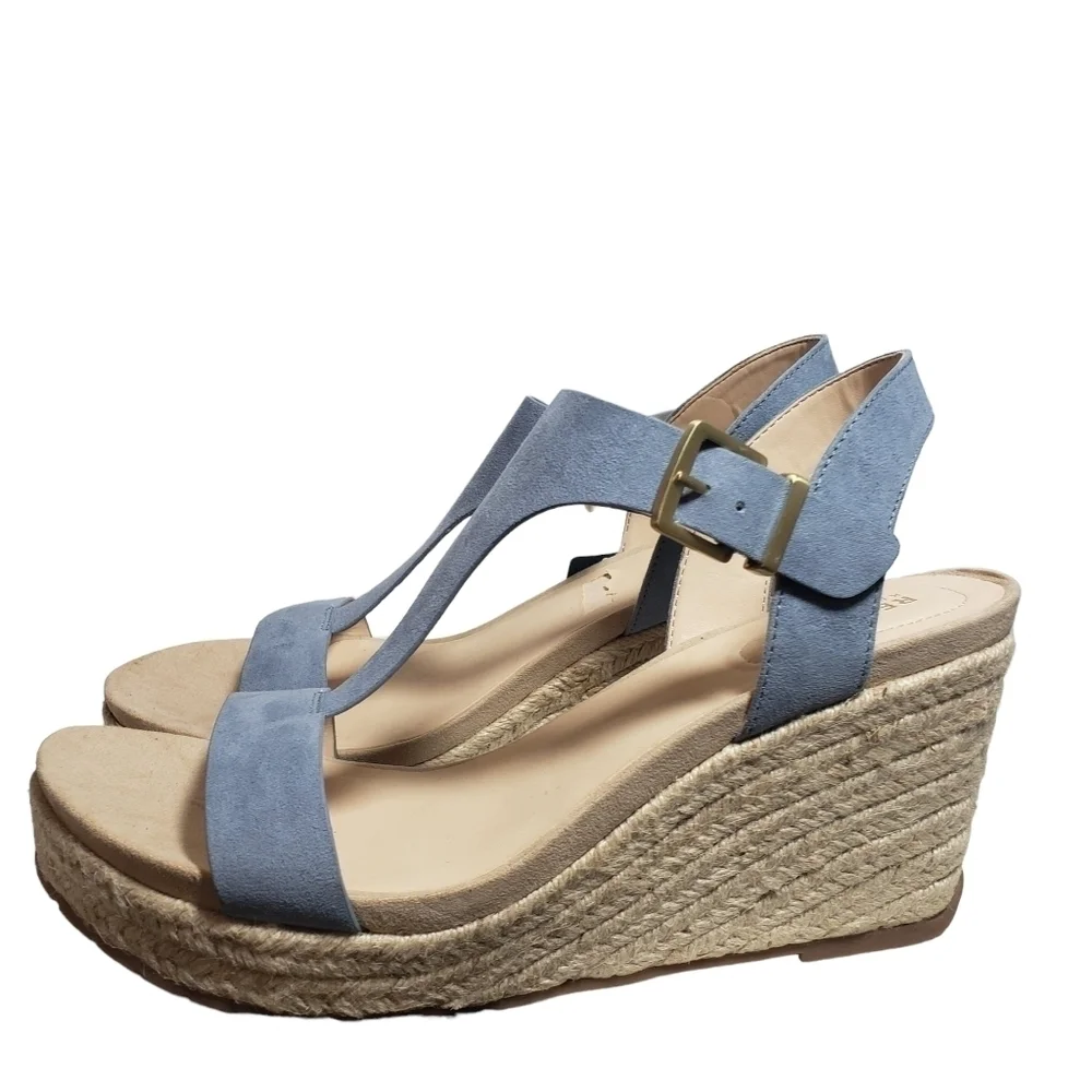 Reaction Kenneth Cole Card Sailboat Blue T-Strap Espadrille Wedge Sandal Sz 9M